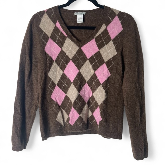 Tweeds Sweaters - Tweeds Women's Vintage 100% Cashmere Argyle Sweater V Neck 90s Brown Pink Sz. XL